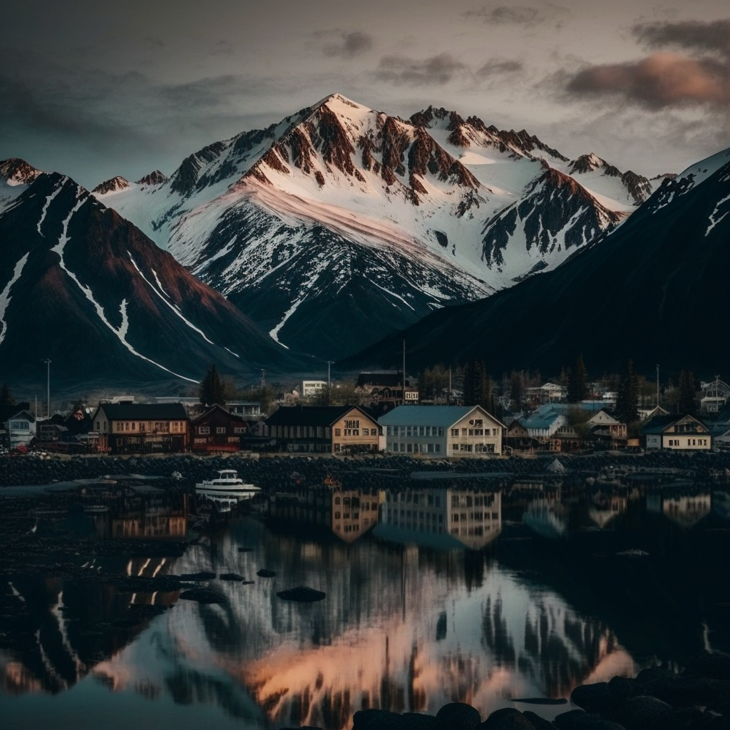 A quaint town on a lake tucked between snowcapped mountains at sunset. 